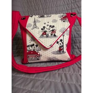 1048  Mickey Minnie Mouse Paris Crossbody Bag Red Cream Eiffel Tower Messenger